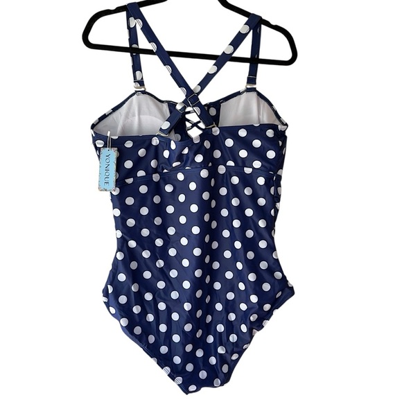NWT | YONIQUE NAVY BLUE & WHITE POLKA DOT PLUS SIZE RUCHED SWIMSUIT | SIZE: 18 W - Picture 5 of 9